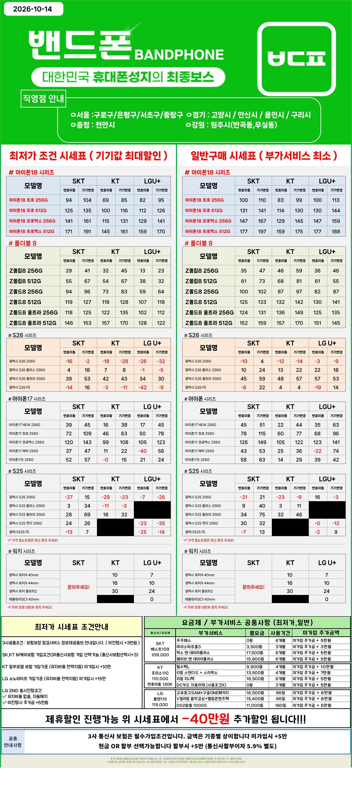 휴대폰성지 밴드폰 용인 도매폰 시세표